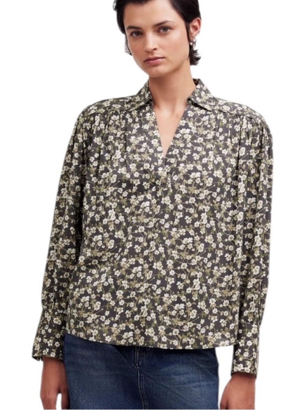 BOGO! MADEWELL Easy Long-Sleeve Popover Floral Blouse Gray Size XL